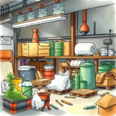 Cluttered storage area illustrating waste reduction challenges in manufacturing.