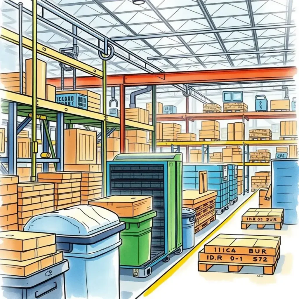 Lean metrics insight generator: Extract insights from your lean manufacturing data 1 Warehouse scene depicting organized materials and inventory for lean manufacturing.
