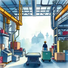 A worker views a manufacturing facility, highlighting efficiency and process optimization concepts.