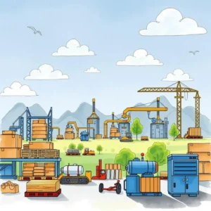 Lean process overview builder: Summarize lean processes for better understanding 3 Illustration of a manufacturing landscape depicting process optimization and lean strategies.