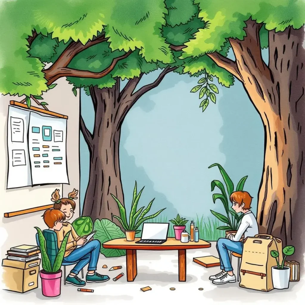 Learning enhancement feedback analyzer: Analyze feedback for targeted learning improvements 1 Two professionals collaborating in a vibrant, nature-inspired learning space.