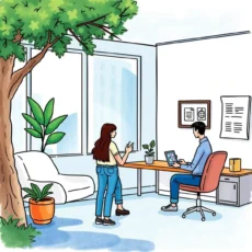 A training analyst evaluates progress in a bright, modern office space.