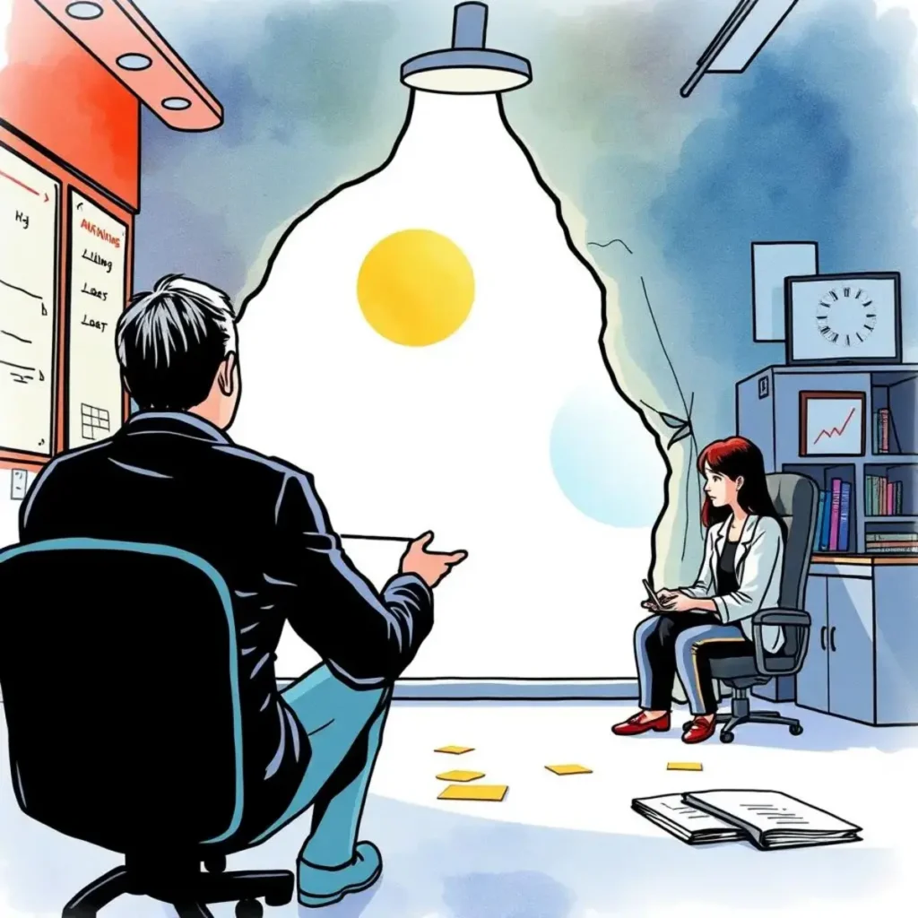 Learning outcomes evaluator: Analyze learning objectives to ensure alignment 1 A professional evaluating learning outcomes while discussing objectives in an office setting.
