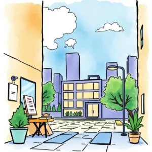 A vibrant urban scene depicting efficient lease management and signing processes.