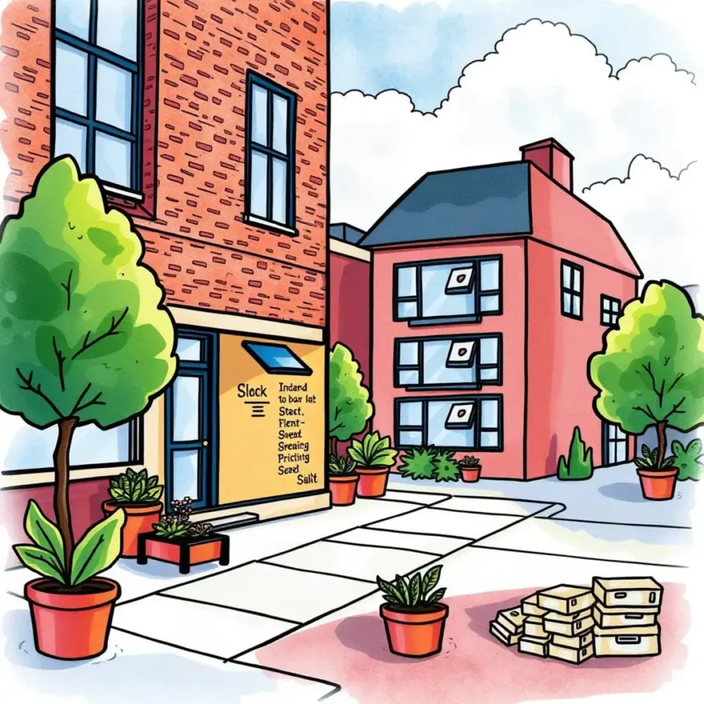 Lease payment report: Produce detailed reports of all rent transactions 1 A vibrant illustration of a facilities area showcasing plants, buildings, and a sign related to leasing.