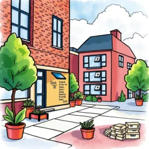 A vibrant illustration of a facilities area showcasing plants, buildings, and a sign related to leasing.