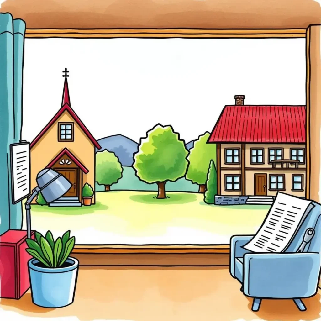 Lease recap tool: Quickly summarize lease documents effectively 1 View from a cozy room overlooking two houses and greenery.
