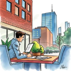 Man analyzing lease terms outdoors with city skyline in background, representing the Lease Viability Analyzer tool.