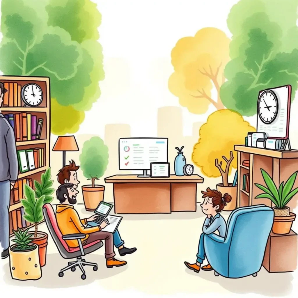 Leave request evaluator: Assess leave requests effectively and automatically 1 Hr professionals discussing leave requests in a modern office setting.