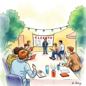 Group discussing lessons learned for event planning outdoors.