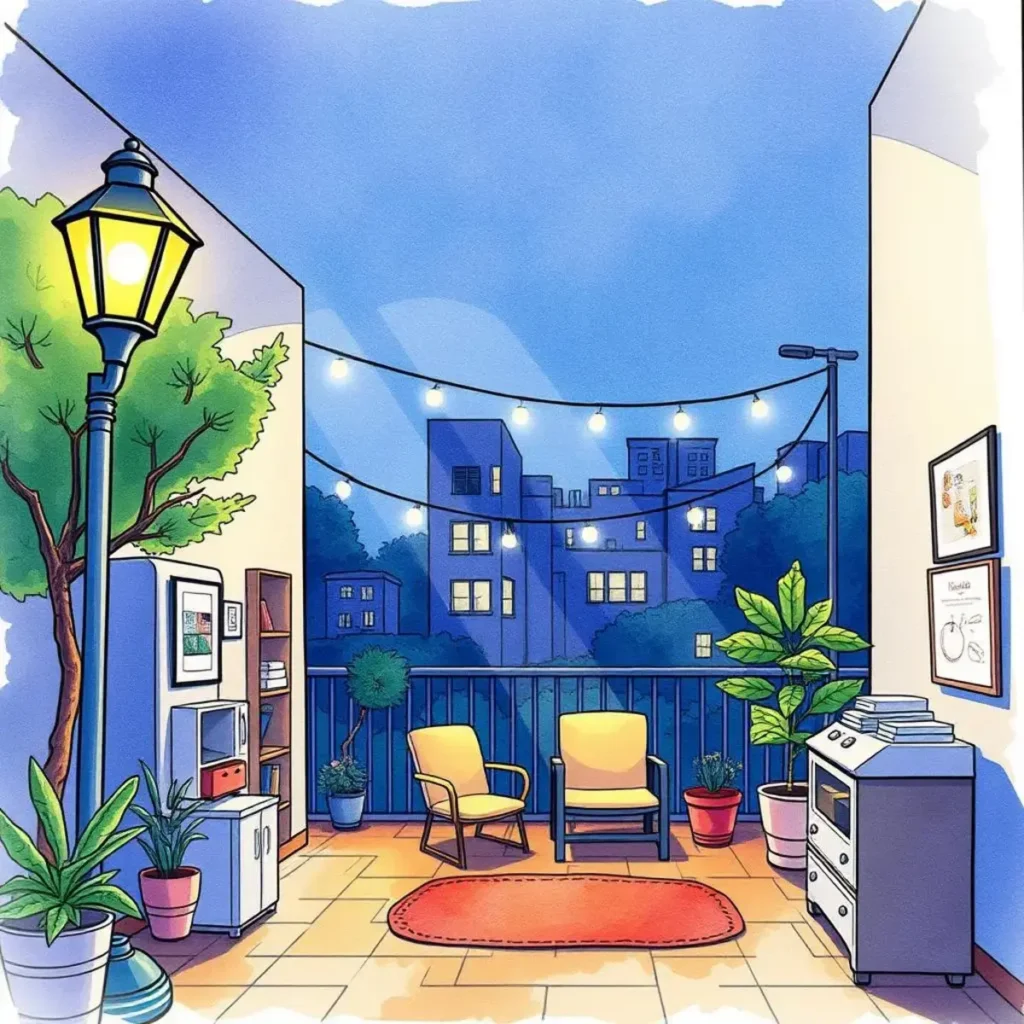 Lighting performance enhancer: Suggest improvements for lighting efficiency 1 A cozy balcony with ambient lighting, plants, and comfortable seating enhancing night-time relaxation