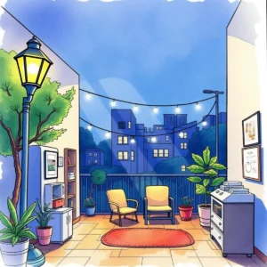 A cozy balcony with ambient lighting, plants, and comfortable seating enhancing night-time relaxation