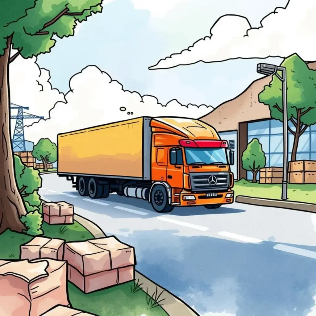 Delivery risk assessment tool: Evaluate risks in delivery planning 1 Truck navigating delivery route amidst packages and trees.