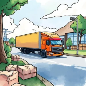 Truck navigating delivery route amidst packages and trees.