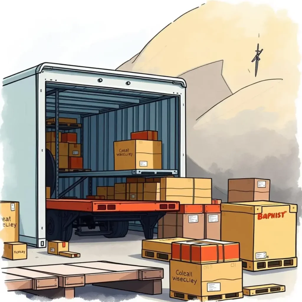 Inventory capacity evaluator: Assess storage requirements for inventory levels 1 Packed shipping containers loaded with various boxes, illustrating inventory management.