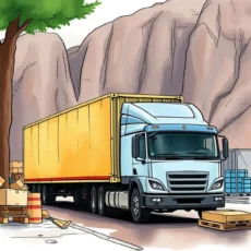 Truck navigating through a supply chain loading area amidst obstacles.
