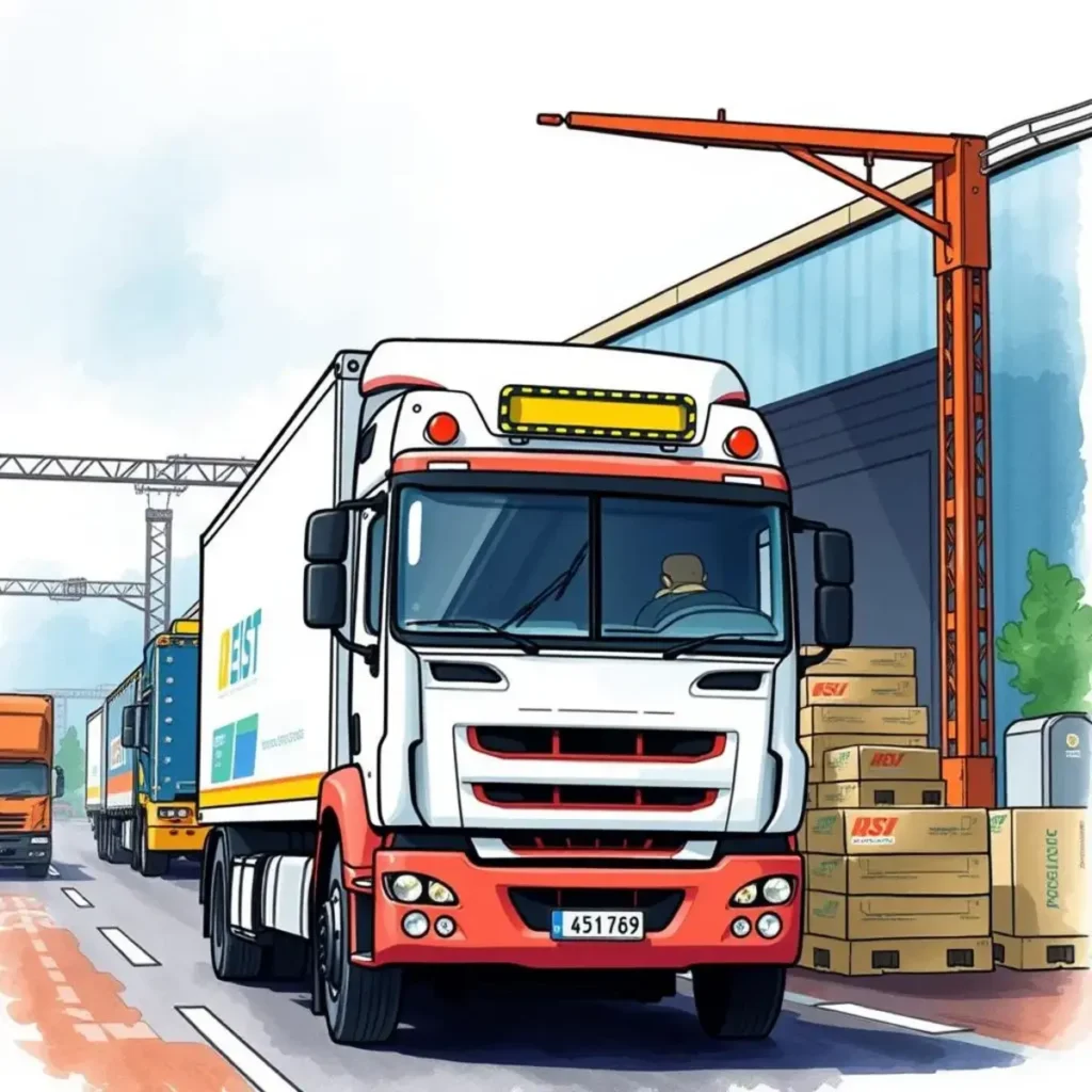Logistics safety risk checker: Verify safety risks in logistics processes 1 Truck navigating a logistics hub with safety measures in place.