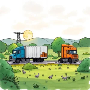 Blue and orange trucks on a rural road at sunset, symbolizing logistics and supply chain operations.