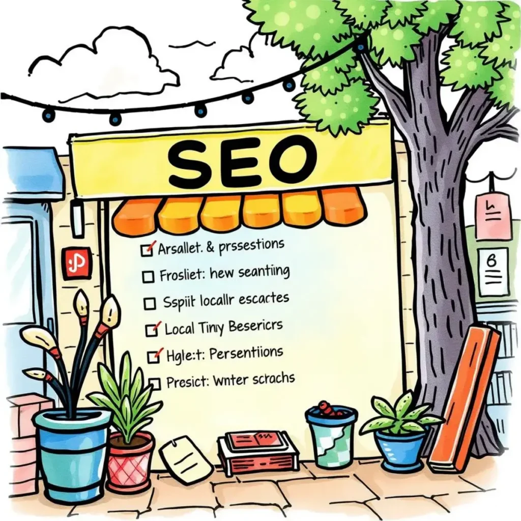 Local business title generator: Create compelling titles for local business listings 1 Colorful illustration of a storefront highlighting seo services for local businesses.