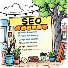 Colorful illustration of a storefront highlighting seo services for local businesses.