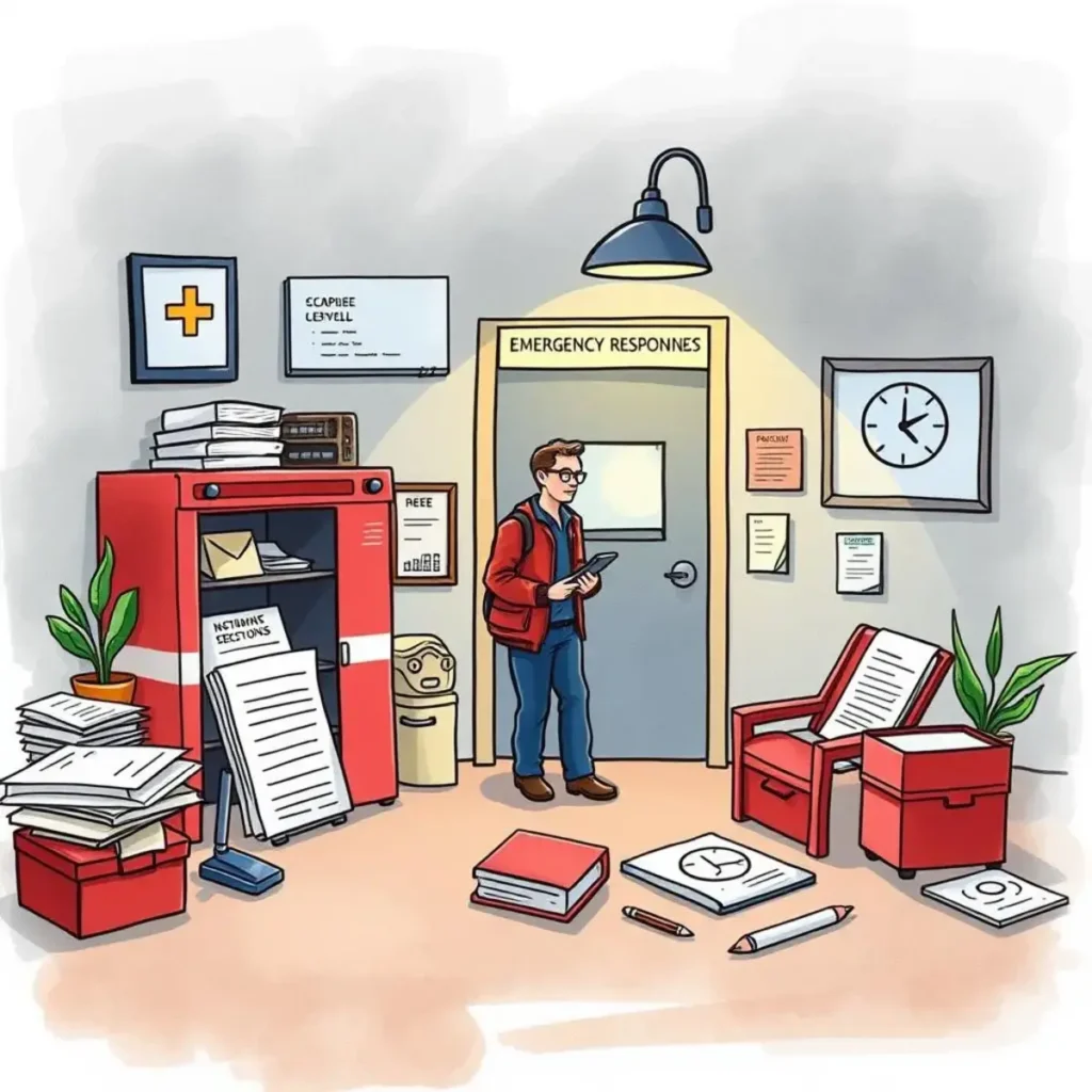 Local emergency services directory builder: Compile essential contacts for quick access 1 A person stands in front of the emergency responses door in a busy office space.