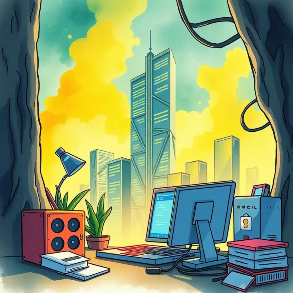 A modern workspace with a computer, plants, and city skyline, symbolizing cybersecurity tools.