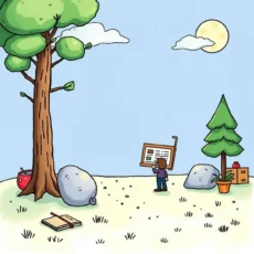 A peaceful outdoor scene with a person analyzing data on a board surrounded by trees and rocks.