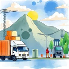 Illustration of trucks managing logistics in an outdoor setting.