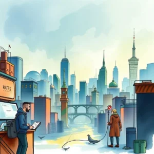 A bustling cityscape featuring a man working on a digital device and a woman with a pet bird.