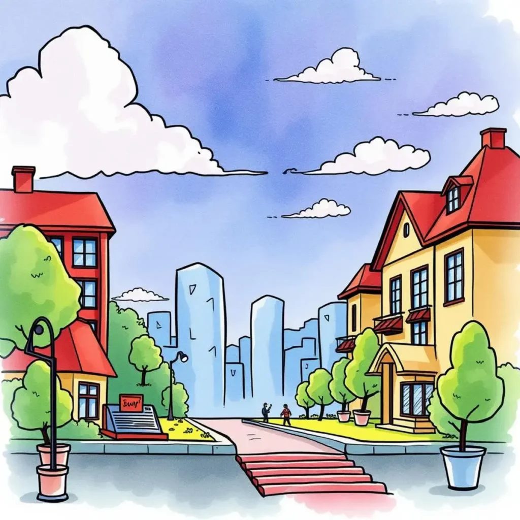 Long-term vision planner: Outline future objectives based on strategic data 1 Illustration of urban planning featuring residential buildings and skyscrapers.