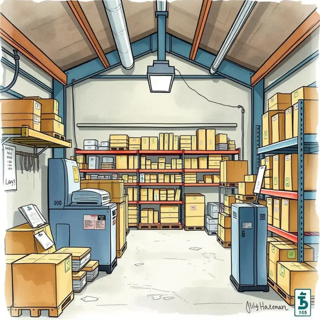 Access control policy draft: Design access control documents for premises 1 A secured warehouse filled with neatly organized boxes and equipment.