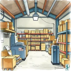 A secured warehouse filled with neatly organized boxes and equipment.