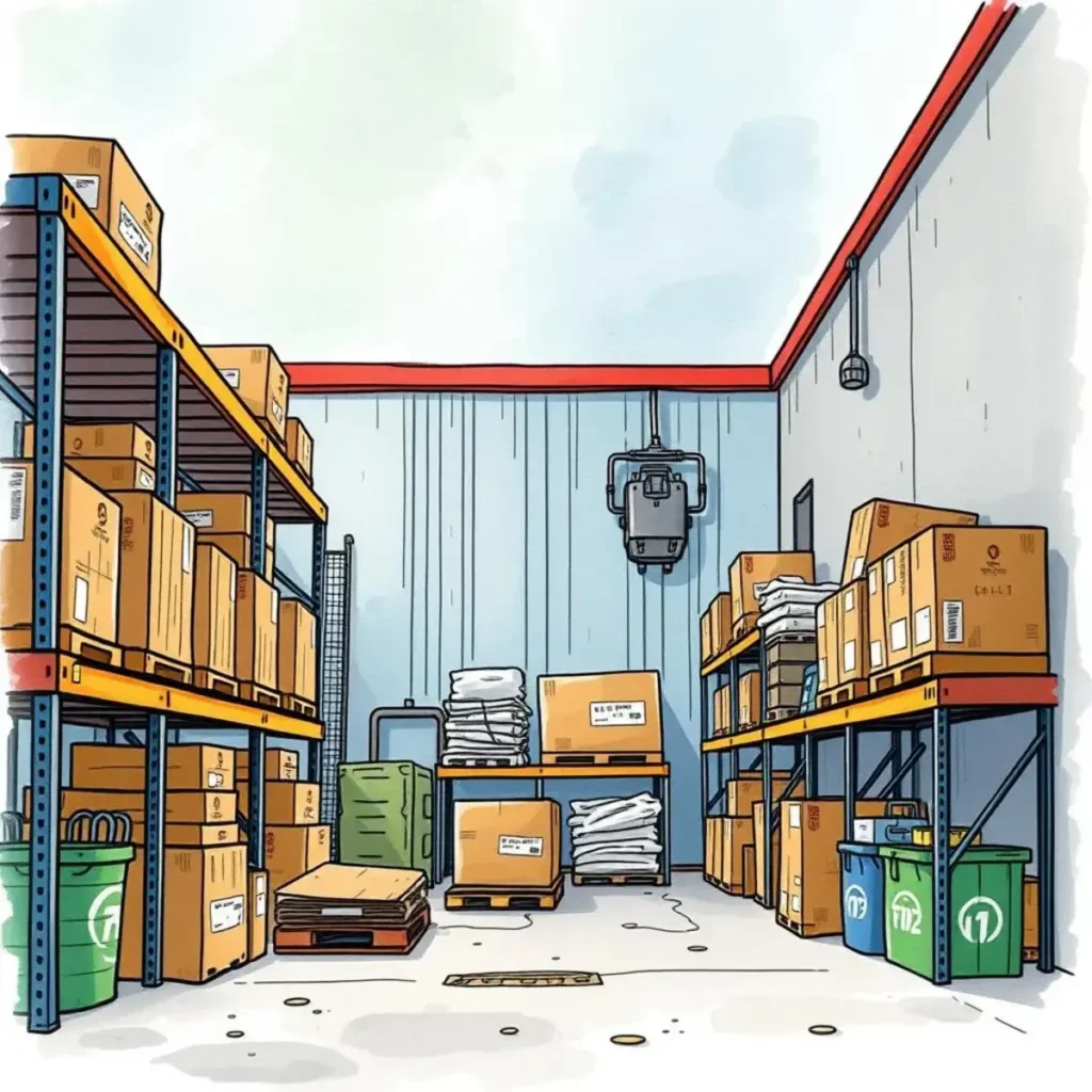 Asset protection policy generator: Create policies focused on protecting key assets 1 Warehouse interior with organized shelves and protective asset storage.