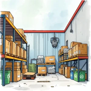 Warehouse interior with organized shelves and protective asset storage.
