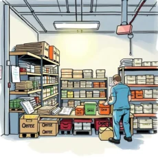 Employee sorting training materials in a well-organized supply room