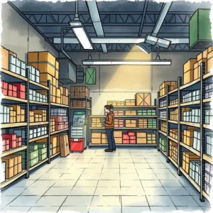 Surveillance System Advisor tool in a warehouse setting with shelves stocked and a user observing.