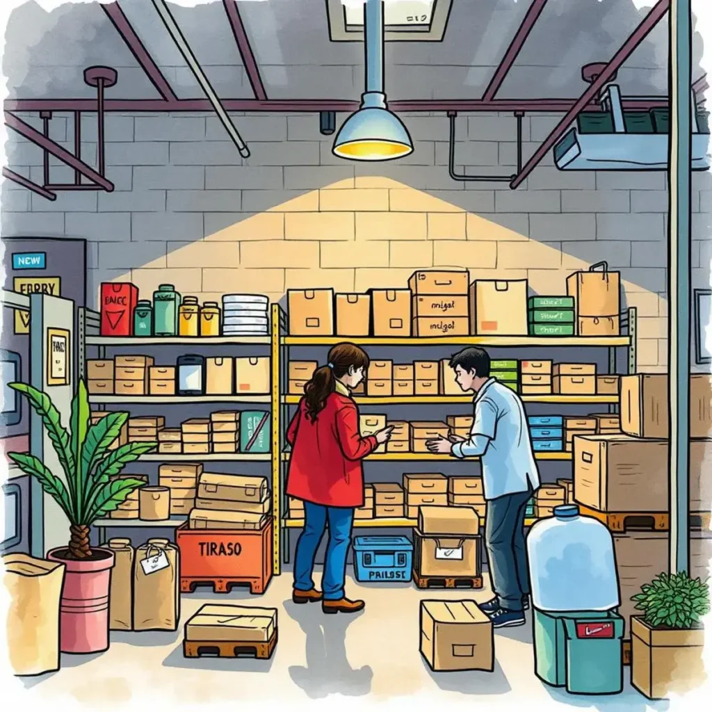 Theft prevention strategy builder: Formulate strategies to deter product theft 1 A busy storage room with two people discussing items among shelves filled with boxes.