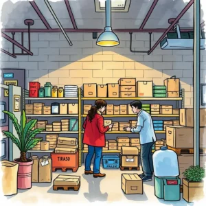A busy storage room with two people discussing items among shelves filled with boxes.