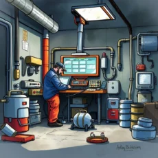 Calibration technician using a computer in a maintenance workshop.