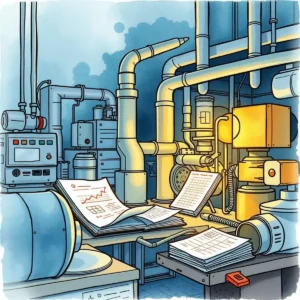 A busy manufacturing workspace featuring equipment and maintenance documentation tools