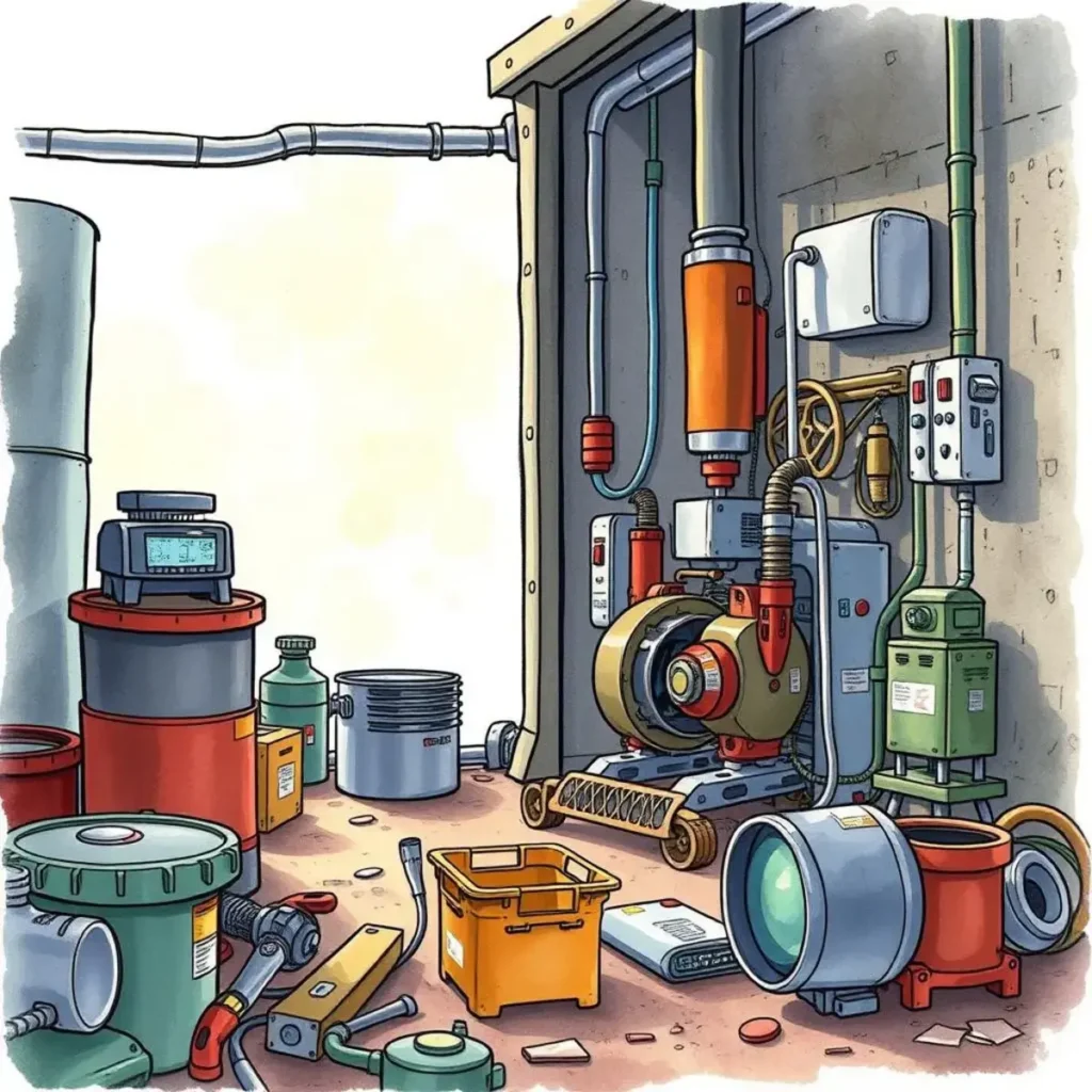 Operational analysis creator: Draft in-depth operational analysis for equipment maintenance 1 Detailed equipment setup in a maintenance area for operational analysis.