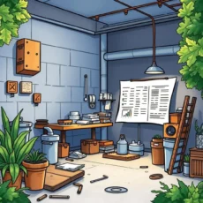 Cluttered maintenance room with tools and reports for facility issues.