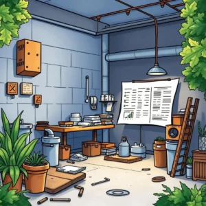 Cluttered maintenance room with tools and reports for facility issues.