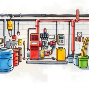 A vibrant illustration of a manufacturing maintenance setup featuring pumps and tanks for scheduling maintenance tasks.