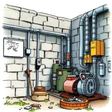 Industrial maintenance scene with machinery and utility infrastructure.