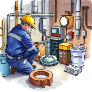 Technician optimizing maintenance records in a facility workspace.