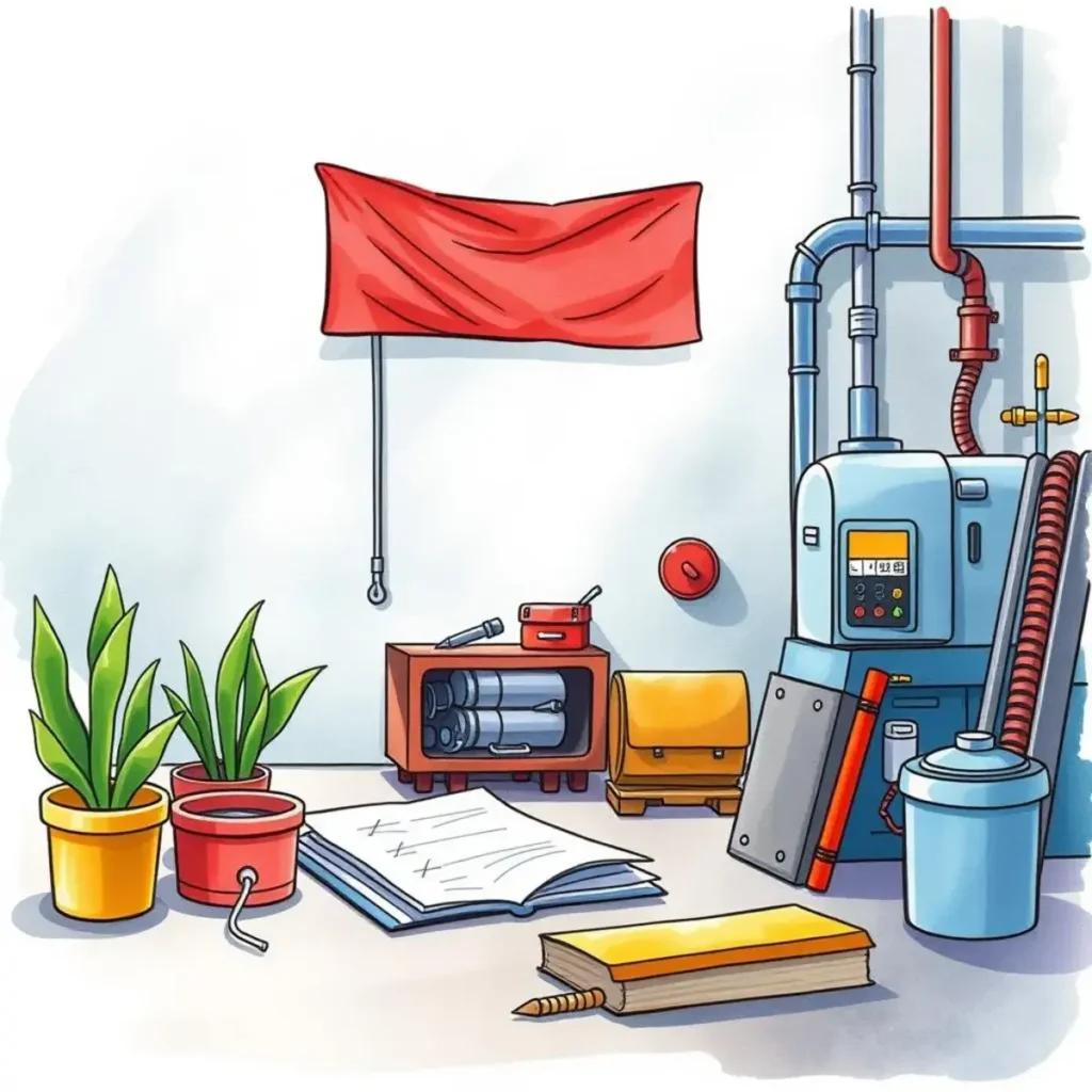 Maintenance procedure writer: Draft standard maintenance procedures quickly 1 Desk with maintenance tools, plants, and documentation for procedure writing.
