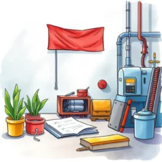 Desk with maintenance tools, plants, and documentation for procedure writing.