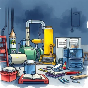 A cluttered workshop filled with machinery, tools, and maintenance documentation materials.