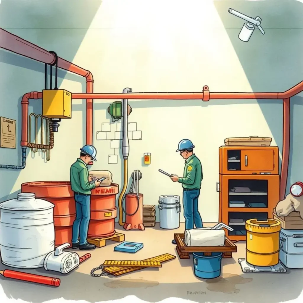 Asset management coordinator: Organize and allocate facility resources intelligently 1 Workers organizing maintenance resources in a facility storage area.